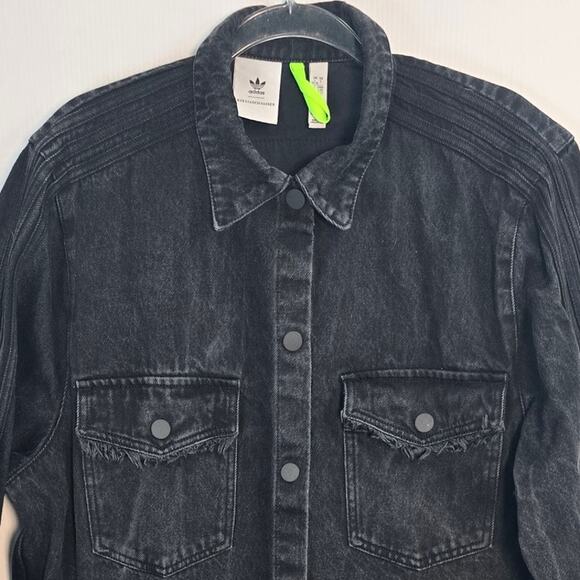 Adidas x KSENIASCHNAIDER Black Denim Fringe Shirt Dress Snap Front Large - Picture 4 of 9